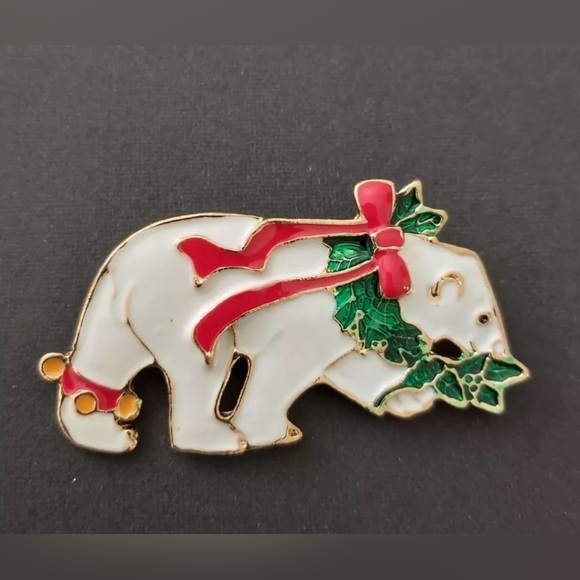 Source Unknown Jewelry - Polar Bear Cute White, Red, & Green Enamel Christmas Brooch Pin